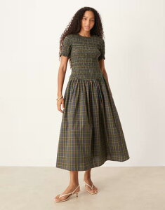 �G�C�~�[�E���[ ���f�B�[�X �g�b�v�X �����s�[�X �~�f�B�����s�[�X �~�f�B Amy Lynn shirred midi dress check Green check �O���[��
