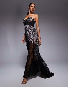 GC\X fB[X gbvX s[X }LVs[X RgXg [X }LV ASOS DESIGN sculpted boned corset detail bandeau lace maxi dress with fishtail hem and contrast lining Black ubN