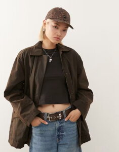 EB[NfC fB[X AE^[ R[g WPbg Weekday oversized wax barn jacket in dark Dark brown uE