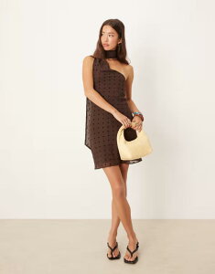 �G�C�\�X ���f�B�[�X �g�b�v�X �����s�[�X �~�j�����s�[�X �h�b�g �~�j ASOS DESIGN scarf wrap mini dress flocked polka dots BROWN �u���E��