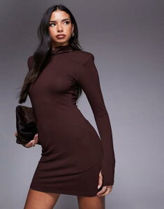 �G�C�\�X ���f�B�[�X �g�b�v�X �����s�[�X �~�j�����s�[�X �~�j ASOS DESIGN roll neck mini dress with shoulder pad detail BROWN �u���E��