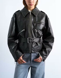 gbvVbv fB[X AE^[ WPbgEu] U[ tFCNU[ WPbg Topshop faux leather low belted biker jacket in washed washed black ubN