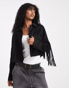 I[ fB[X AE^[ WPbgEu] XG[h tW WPbg ONLY boho fringe detail faux suede jacket Black ubN