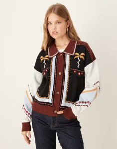 lo[t[hXh fB[X AE^[ WPbgEu] RgXg jbg WPbg Never Fully Dressed geometric contrast stitch knit bomber jacket in chocolate Chocolate `R[g