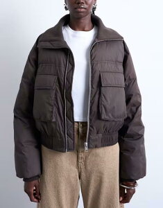 gbvVbv fB[X AE^[ WPbgEu] u WPbg Topshop short puffer bomber jacket with ribbed collar in chocolate chocolate `R[g