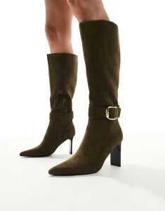 �����h�����x�� ���f�B�[�X �V���[�Y �u�[�c�E���C���u�[�c �q�[�� London Rebel Leah kitten heel knee boots with buckle details in olive OLIVE MICROSUEDE �I���[�u