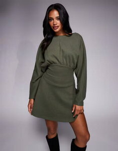 �G�C�\�X ���f�B�[�X �g�b�v�X �����s�[�X �~�j�����s�[�X �~�j ASOS DESIGN supersoft slash neck blouson batwing mini dress Khaki �J�[�L