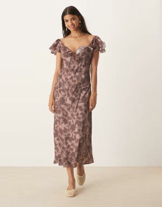 �L�X�U�X�J�C ���f�B�[�X �g�b�v�X �����s�[�X Kiss The Sky frilly midaxi dress with flutter sleeves in espresso BROWN �u���E��