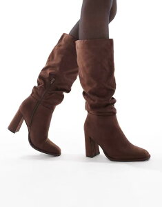 �����h�����x�� ���f�B�[�X �V���[�Y �u�[�c�E���C���u�[�c �q�[�� London Rebel Maggie slouchy block heel boots in chocolate CHOCOLATE MICRO �`���R���[�g