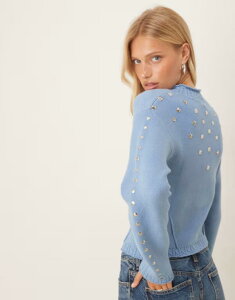�l�o�[�t���[�h���X�h ���f�B�[�X �A�E�^�[ �J�[�f�B�K�� �j�b�g Never Fully Dressed studded knit cardigan in ice Ice Blue �u���[