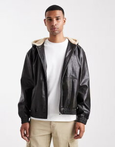 GC\X Y AE^[ WPbgEu] U[ tFCNU[ WPbg ASOS DESIGN faux leather bomber jacket with teddy lined hood Black ubN