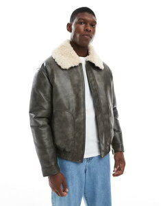 GC\X Y AE^[ WPbgEu] RgXg U[ tFCNU[ WPbg ASOS DESIGN faux leather bomber jacket with contrast borg collar in dark GREEN O[