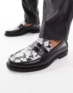 �G�C�\�X �����Y �V���[�Y �X���b�|���E���[�t�@�[ �t�����[�� ���[�t�@�[ �t�����[ ASOS DESIGN penny loafers with floral apron Black �u���b�N