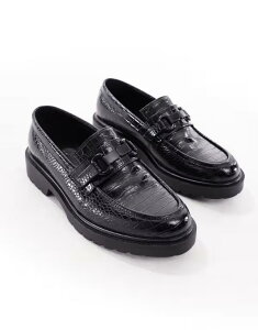 【送料無料】 エイソス メンズ スリッポン・ローファー シューズ ASOS DESIGN loafers in black faux croc with snaffle Black