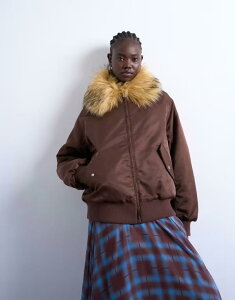 gbvVbv fB[X AE^[ WPbgEu] iC WPbg Topshop nylon bomber jacket with faux fur collar in chocolate chocolate `R[g
