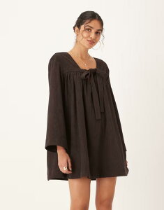 �G�C�\�X ���f�B�[�X �g�b�v�X �����s�[�X �R�[�f�����C �~�j ASOS DESIGN corduroy tie front mini smock dress in chocolate Chocolate �`���R���[�g