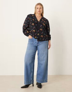 �G�C�\�X ���f�B�[�X �{�g���X �f�j���p���c ���C�h���b�O �W�[���Y ASOS Curve ASOS DESIGN Curve high rise wide leg jeans with front pockets in mid Mid Wash �u���[