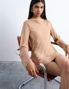 �g�b�v�V���b�v ���f�B�[�X �g�b�v�X �����s�[�X �~�j �T�e�� Topshop cowl back long sleeve mini satin dress in caramel Caramel