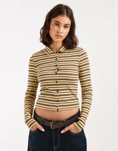 �~�X�Z���t�t���b�W ���f�B�[�X �g�b�v�X �V���c Miss Selfridge long sleeve fitted button through shirt in buttermilk stripe STRIPE �X�g���C�v