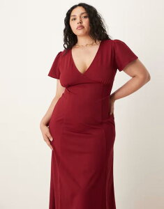 �G�C�\�X ���f�B�[�X �g�b�v�X �����s�[�X �I�[�v���o�b�N �~�f�B�����s�[�X �~�f�B ASOS Curve ASOS DESIGN Curve flutter sleeve open back midi dress in wine Wine ���C��