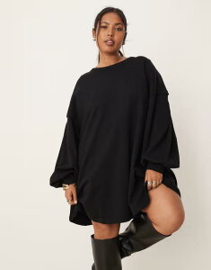 �G�C�\�X ���f�B�[�X �g�b�v�X �����s�[�X �~�j�����s�[�X �~�j �R�b�g�� ASOS Curve ASOS DESIGN Curve cotton trapeze mini dress Black �u���b�N