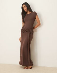 �G�C�\�X ���f�B�[�X �g�b�v�X �����s�[�X �}�L�V�����s�[�X �L���b�v �}�L�V ASOS DESIGN cap sleeve knot waist detail maxi dress in chocolate Chocolate �`���R���[�g
