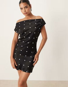 �G�C�\�X ���f�B�[�X �g�b�v�X �����s�[�X �h�b�g�� �~�j�����s�[�X �h���[�v �h�b�g �~�j �T�e�� ASOS DESIGN satin drape one shoulder mini dress in polka dot Polka Dot �h�b�g