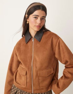 ~XZttbW fB[X AE^[ R[g XG[h RgXg WPbg Miss Selfridge faux suede contrast collar barn jacket in tan TAN ^