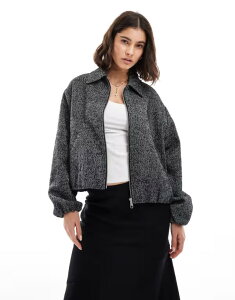 I[ fB[X AE^[ WPbgEu] tWbv WPbg ONLY zip through collared bomber jacket in herringbone Black ubN