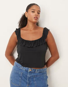 �G�C�\�X ���f�B�[�X �g�b�v�X �V���c �t���� ASOS Curve ASOS DESIGN Curve ruffle scoop neck crop top Black �u���b�N