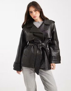 �~�X�Z���t�t���b�W ���f�B�[�X �A�E�^�[ �R�[�g ���U�[ �t�F�C�N���U�[ Miss Selfridge faux leather mid length trench coat Black �u���b�N