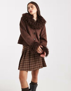~XZttbW fB[X AE^[ WPbgEu] XG[h WPbg Miss Selfridge suedette faux mongolian fur collar crop jacket in chocolate Chocolate `R[g