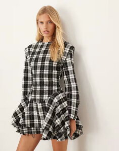 �G�C�\�X ���f�B�[�X �g�b�v�X �����s�[�X �~�j�����s�[�X �~�j ASOS DESIGN slash neck dropped waist mini dress with distressed hem in check Mono check �`�F�b�N