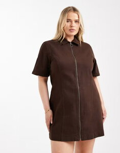 �G�C�\�X ���f�B�[�X �g�b�v�X �����s�[�X �t���W�b�v �~�j�����s�[�X �~�j �f�j�� ASOS Curve ASOS DESIGN Curve denim short sleeve mini dress with zip through in chocolate Chocolate �`���R���[�g