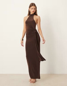 �G�C�\�X ���f�B�[�X �g�b�v�X �����s�[�X �}�L�V�����s�[�X �}�L�V ASOS DESIGN slinky knot front cowl neck maxi dress in chocolate Chocolate �`���R���[�g