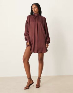 �G�C�\�X ���f�B�[�X �g�b�v�X �����s�[�X �I�[�v���o�b�N �n�C�l�b�N �~�j�����s�[�X �~�j �T�e�� ASOS DESIGN high neck blouson sleeve open back satin slip mini dress in chocolate Chocolate �`���R���[�g