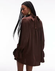 �G�C�\�X ���f�B�[�X �g�b�v�X �����s�[�X �n�C�l�b�N �~�j�����s�[�X �~�j �T�e�� ASOS DESIGN satin high neck blouson sleeve mini dress in chocolate Chocolate �`���R���[�g
