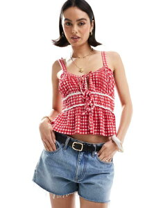 �G�C�\�X ���f�B�[�X �g�b�v�X T�V���c �M���K���`�F�b�N �M���K�� ASOS DESIGN milkmaid top in gingham with ricrac trims RED ���b�h