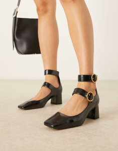 �G�C�\�X ���f�B�[�X �V���[�Y �q�[�� ASOS DESIGN Sasha double buckle strap mid block heel shoes Black �u���b�N
