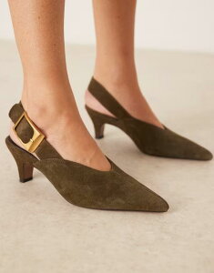 GC\X fB[X V[Y q[ XG[h ASOS DESIGN Shiloh large buckle detail slingback kitten heel shoes in olive suede Olive suede I[u