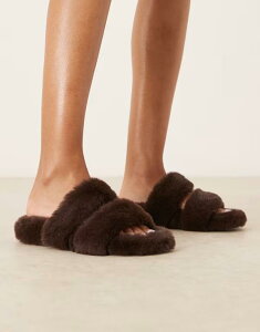 �G�C�\�X ���f�B�[�X �V���[�Y �T���_�� ASOS DESIGN Zoey double strap mule slippers in chocolate Brown fur �u���E��