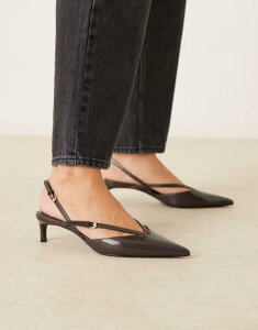 �}���S ���f�B�[�X �V���[�Y �q�[�� ���U�[ �t�F�C�N���U�[ Mango faux leather strappy pointed heeled slingback shoes in charcoal CHARCOAL �`���R�[��