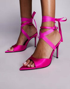 �G�C�\�X ���f�B�[�X �V���[�Y �T���_�� �T�e�� �q�[�� ASOS DESIGN Narnia tie leg high heel sandals in raspberry satin Raspberry satin