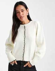 �~�X�Z���t�t���b�W ���f�B�[�X �A�E�^�[ �J�[�f�B�K�� Miss Selfridge puff sleeve blanket stitch cardigan in cream CREAM �N���[��