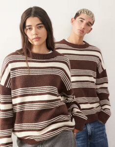 �R���[�W���� ���f�B�[�X �A�E�^�[ �j�b�g�E�Z�[�^�[ �N���[�l�b�N �Z�[�^�[ COLLUSION Unisex fluffy crew neck striped sweater BROWN �u���E��
