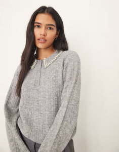 �W�F�C�f�B�[���C ���f�B�[�X �A�E�^�[ �j�b�g�E�Z�[�^�[ �Z�[�^�[ JDY faux pearl trim collared sweater Gray �O���[