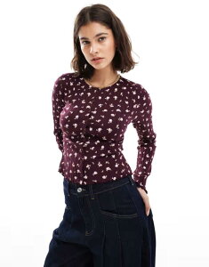 �~�X�Z���t�t���b�W ���f�B�[�X �A�E�^�[ �J�[�f�B�K�� �v�����g ���u Miss Selfridge chunky ribbed cardigan in ditsy print PLUM DITSY �v����