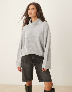 ���B�� ���f�B�[�X �A�E�^�[ �j�b�g�E�Z�[�^�[ �Z�[�^�[ �j�b�g VILA roll neck knit sweater with cuff detail in light gray melange Light Gray Melange �O���[