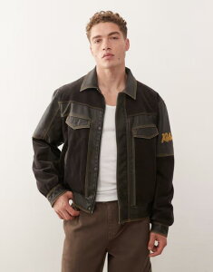 NC Be[W Y AE^[ WPbgEu] R[fC RgXg U[ WPbg Reclaimed Vintage leather look bomber jacket with contrast corduroy panels Washed black ubN