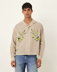 �G�C�\�X �����Y �g�b�v�X �V���c �v�����g ���l�� ASOS DESIGN oversized camp collar linen blend shirt with olive print BROWN �u���E��